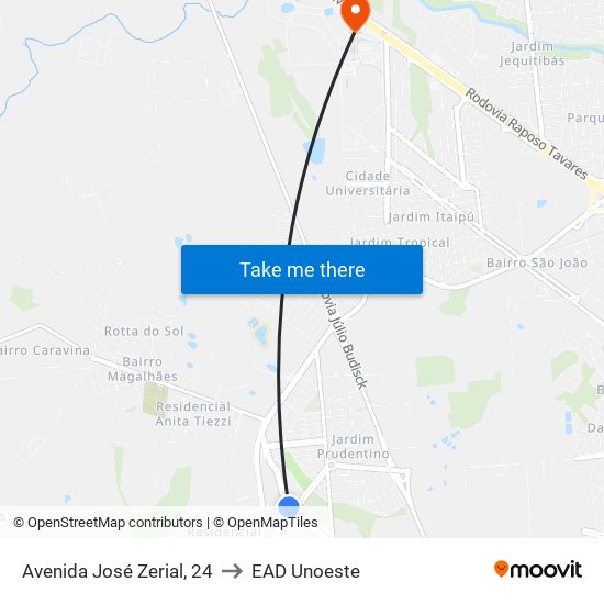 Avenida José Zerial, 24 to EAD Unoeste map