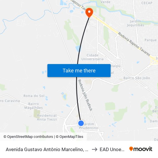 Avenida Gustavo Antônio Marcelino, 660 to EAD Unoeste map
