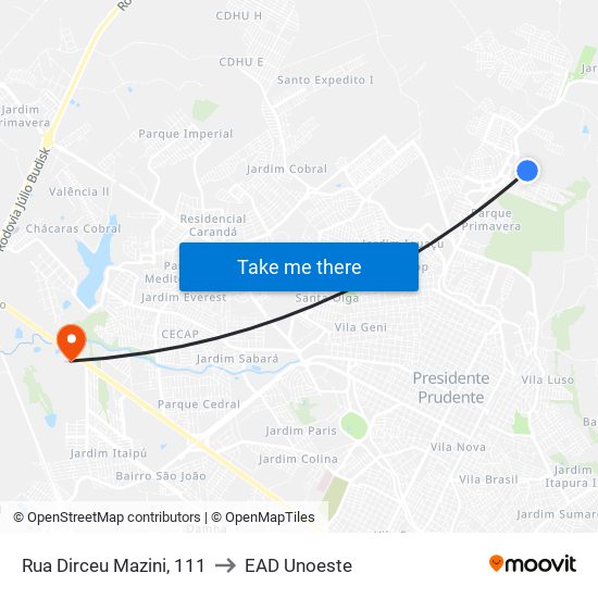 Rua Dirceu Mazini, 111 to EAD Unoeste map