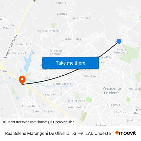 Rua Selene Marangoni De Oliveira, 53 to EAD Unoeste map