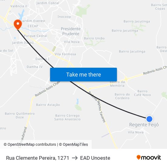 Rua Clemente Pereira, 1271 to EAD Unoeste map