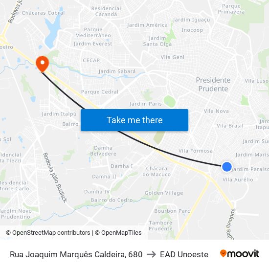 Rua Joaquim Marquês Caldeira, 680 to EAD Unoeste map