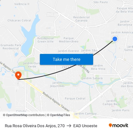 Rua Rosa Oliveira Dos Anjos, 270 to EAD Unoeste map