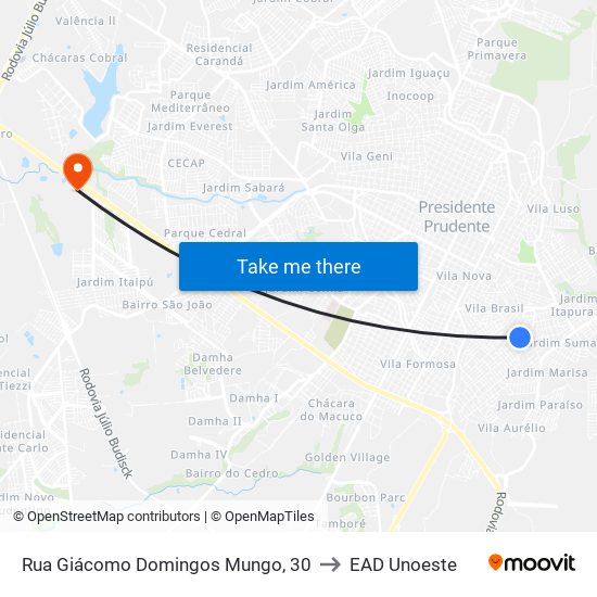 Rua Giácomo Domingos Mungo, 30 to EAD Unoeste map