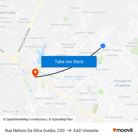 Rua Nelson Da Silva Guidio, 250 to EAD Unoeste map