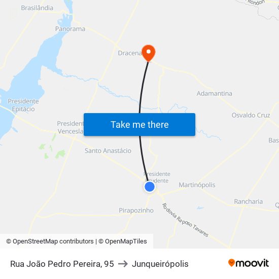 Rua João Pedro Pereira, 95 to Junqueirópolis map