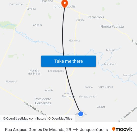 Rua Arquias Gomes De Miranda, 29 to Junqueirópolis map