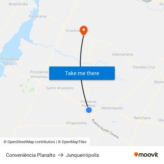Conveniência Planalto to Junqueirópolis map