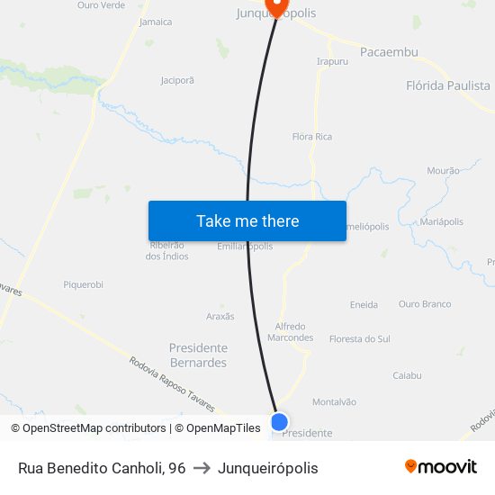Rua Benedito Canholi, 96 to Junqueirópolis map