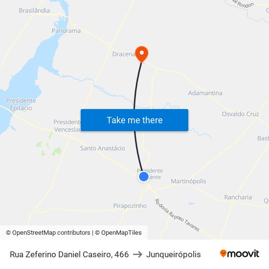 Rua Zeferino Daniel Caseiro, 466 to Junqueirópolis map