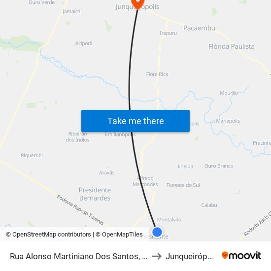 Rua Alonso Martiniano Dos Santos, 529 to Junqueirópolis map