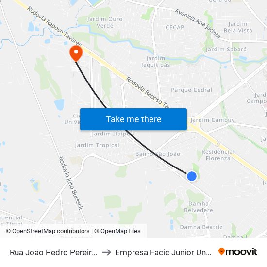 Rua João Pedro Pereira, 95 to Empresa Facic Junior Unoeste map