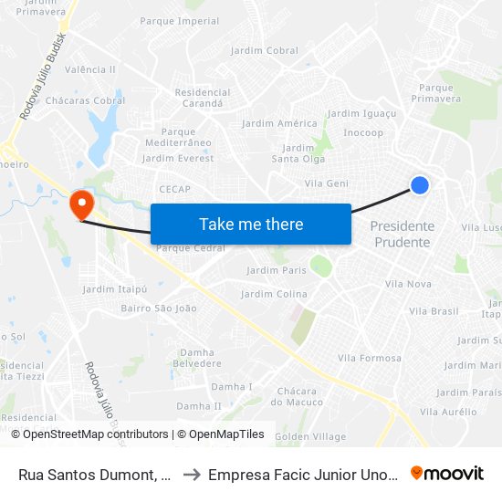 Rua Santos Dumont, 227 to Empresa Facic Junior Unoeste map