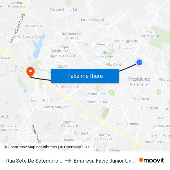 Rua Sete De Setembro, 407 to Empresa Facic Junior Unoeste map