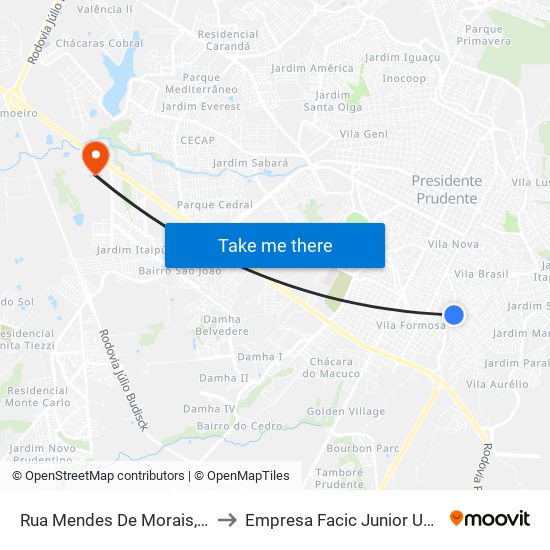 Rua Mendes De Morais, 1580 to Empresa Facic Junior Unoeste map