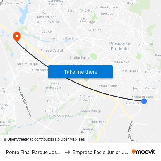 Ponto Final Parque José Rotta to Empresa Facic Junior Unoeste map