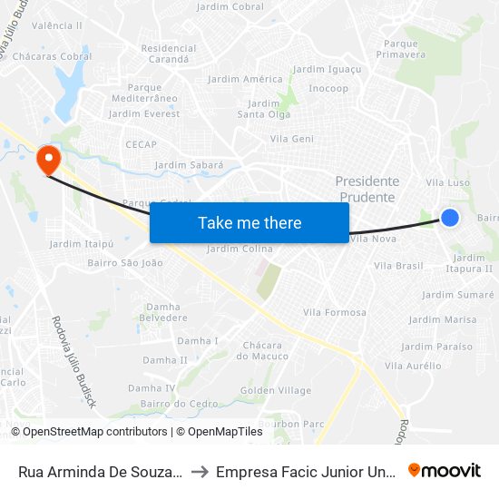 Rua Arminda De Souza, 124 to Empresa Facic Junior Unoeste map