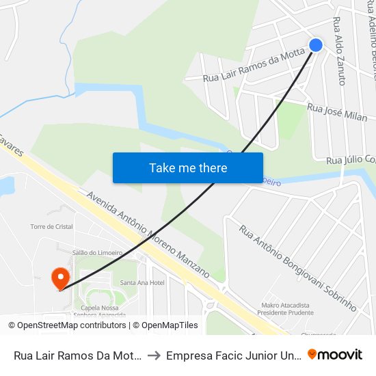 Rua Lair Ramos Da Motta, 61 to Empresa Facic Junior Unoeste map