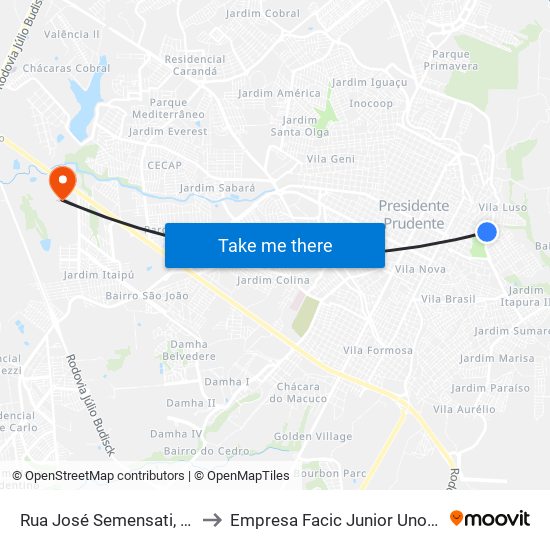Rua José Semensati, 310 to Empresa Facic Junior Unoeste map