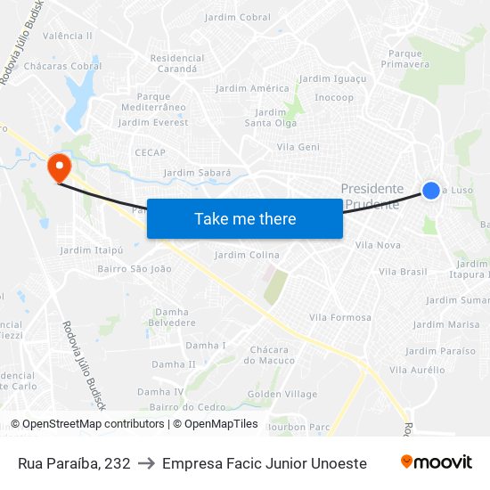 Rua Paraíba, 232 to Empresa Facic Junior Unoeste map