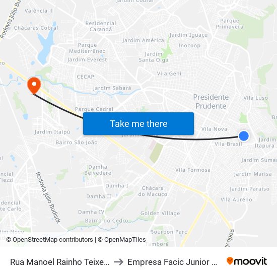 Rua Manoel Rainho Teixeira, 248 to Empresa Facic Junior Unoeste map