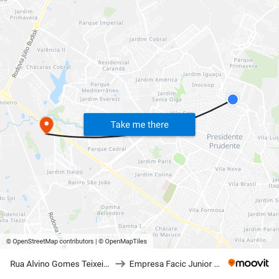 Rua Alvino Gomes Teixeira, 1504 to Empresa Facic Junior Unoeste map