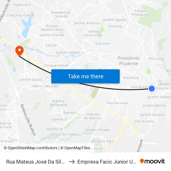 Rua Mateus José Da Silva, 541 to Empresa Facic Junior Unoeste map