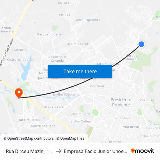 Rua Dirceu Mazini, 111 to Empresa Facic Junior Unoeste map