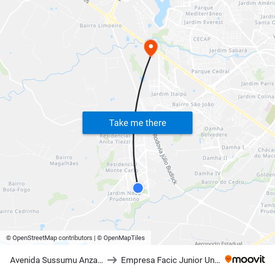 Avenida Sussumu Anzaí, 530 to Empresa Facic Junior Unoeste map