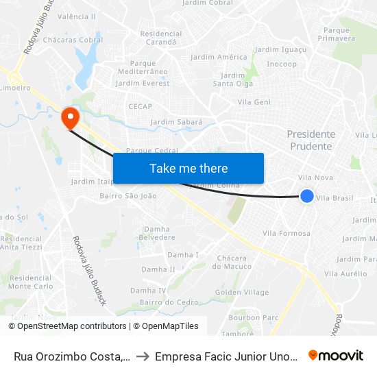Rua Orozimbo Costa, 87 to Empresa Facic Junior Unoeste map