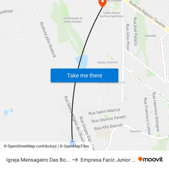 Igreja Mensageiro Das Boas Novas to Empresa Facic Junior Unoeste map