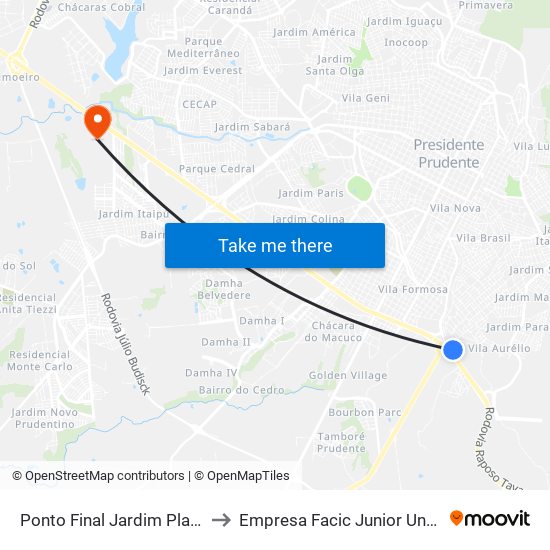 Ponto Final Jardim Planalto to Empresa Facic Junior Unoeste map