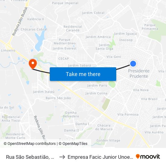 Rua São Sebastião, 668 to Empresa Facic Junior Unoeste map