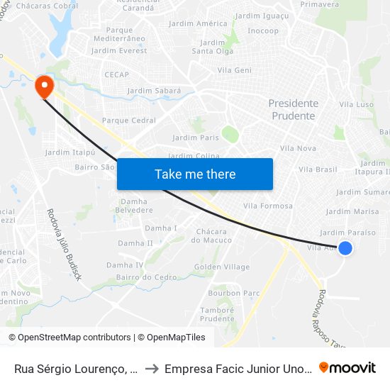 Rua Sérgio Lourenço, 135 to Empresa Facic Junior Unoeste map