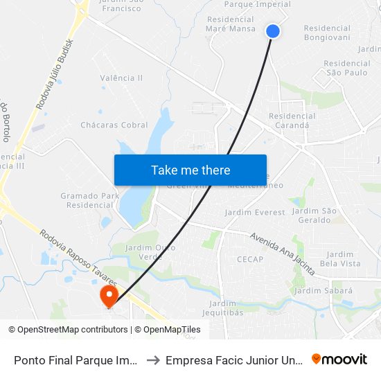 Ponto Final Parque Imperial to Empresa Facic Junior Unoeste map