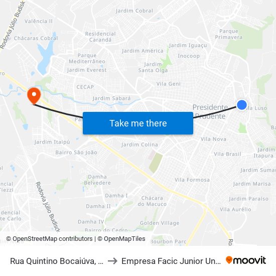 Rua Quintino Bocaiúva, 1190 to Empresa Facic Junior Unoeste map