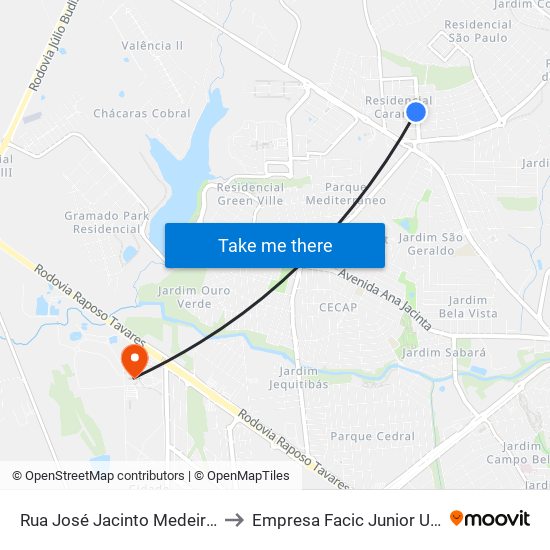 Rua José Jacinto Medeiros 287 to Empresa Facic Junior Unoeste map