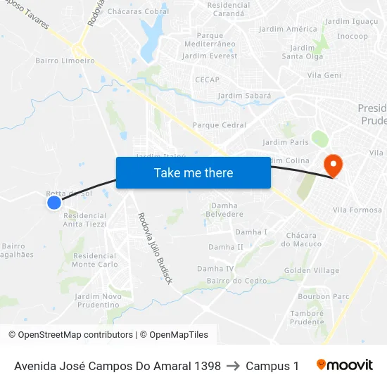 Avenida José Campos Do Amaral 1398 to Campus 1 map