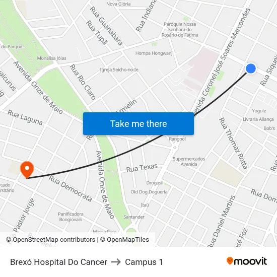 Brexó Hospital Do Cancer to Campus 1 map