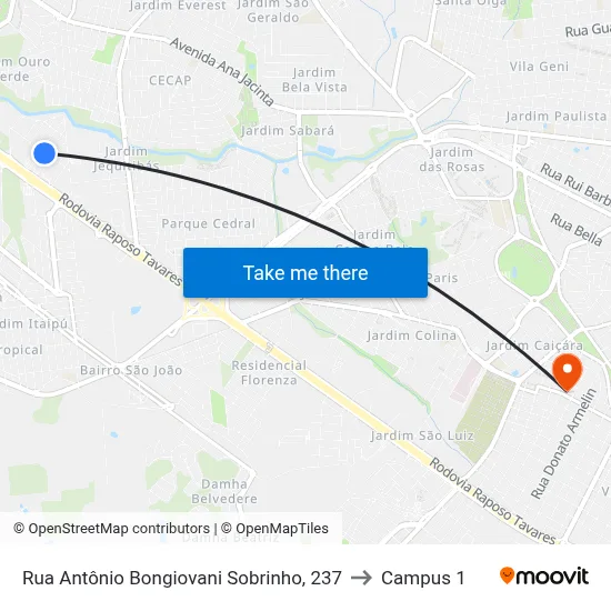 Rua Antônio Bongiovani Sobrinho, 237 to Campus 1 map