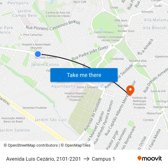 Avenida Luis Cezário, 2101-2201 to Campus 1 map