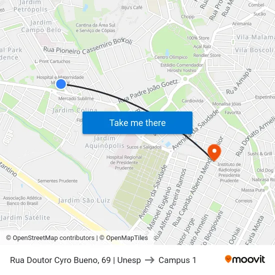 Rua Doutor Cyro Bueno, 69 | Unesp to Campus 1 map