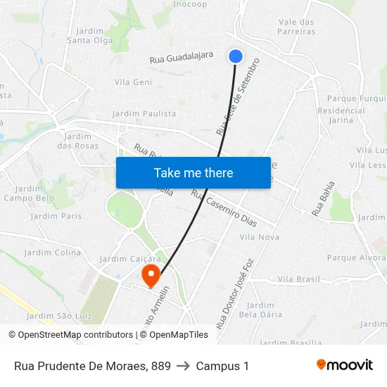 Rua Prudente De Moraes, 889 to Campus 1 map