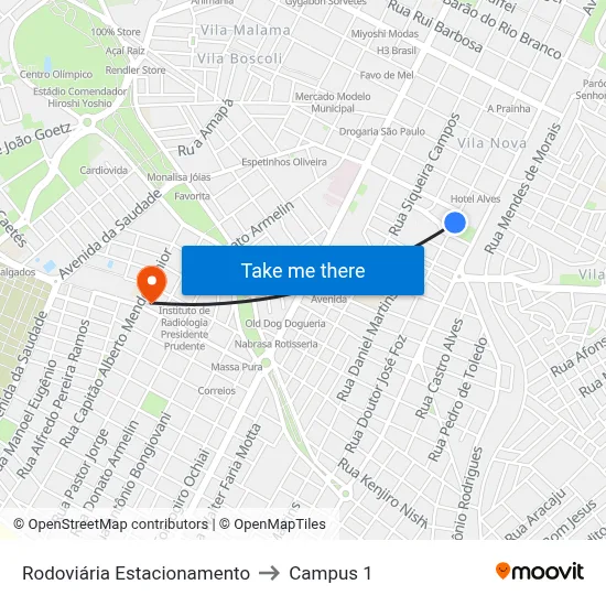 Rodoviária Estacionamento to Campus 1 map
