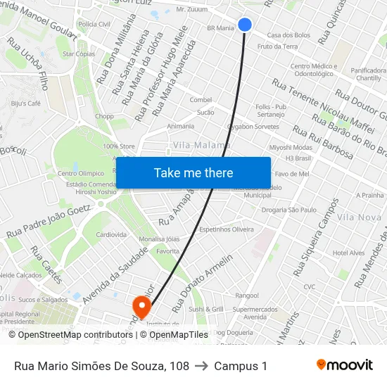 Rua Mario Simões De Souza, 108 to Campus 1 map