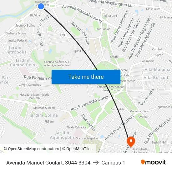 Avenida Manoel Goulart, 3044-3304 to Campus 1 map
