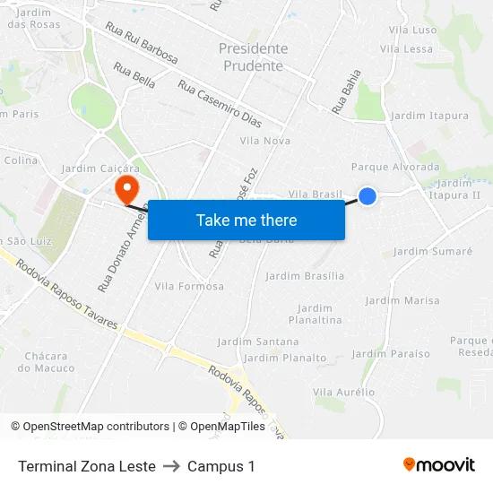 Terminal Zona Leste to Campus 1 map