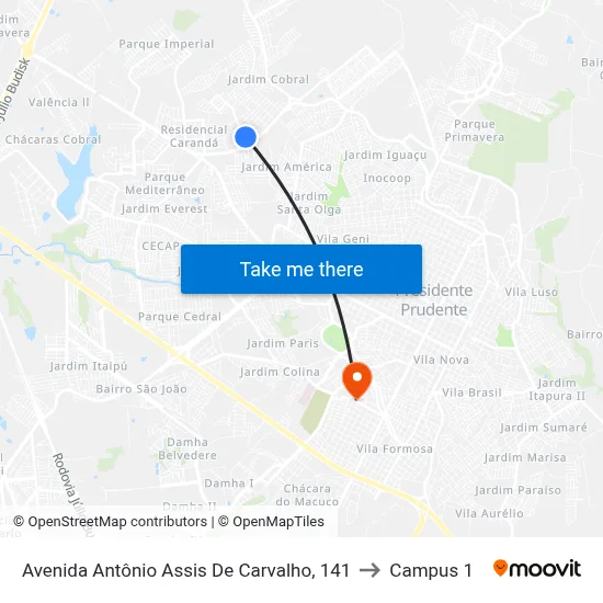 Avenida Antônio Assis De Carvalho, 141 to Campus 1 map