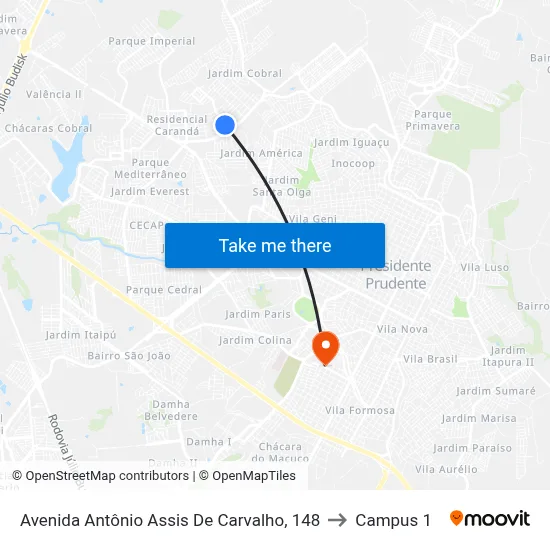 Avenida Antônio Assis De Carvalho, 148 to Campus 1 map