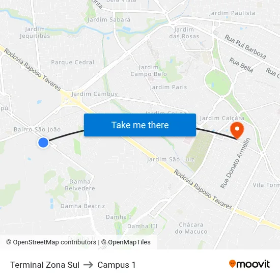 Terminal Zona Sul to Campus 1 map